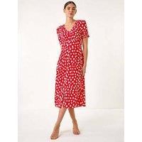 Roman Originals Swing Tea Dress Women UK Ladies Skater Midi A Line Fit & Flare Summer Casual Smart Spring Cocktail Party Going Out Work Cruise Button Through Long Pocket - Red Ivory - Size 20