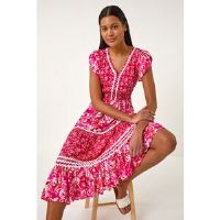 Roman Pink Floral Contrast Stitch Midi Dress - Size 18 18 female