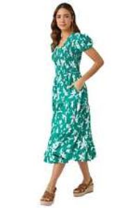 Floral Print Shirred Midi Dress For Women UK - Ladies Roman Originals