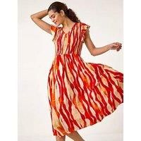 Floral Print Shirred Midi Dress For Women UK - Ladies Roman Originals