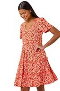 Roman Originals Smock Dress for Women UK Ladies Cotton Summer Embroidered Frilled Tiered Casual Beach Cruise Holiday Cocktail Party 3/4 Sleeve Pull On Gathered Skirt - Orange - Size 18