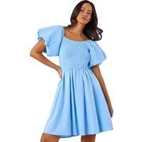 Dusk Light Blue Puff Sleeve Shirred Dress - Size 14 14 female
