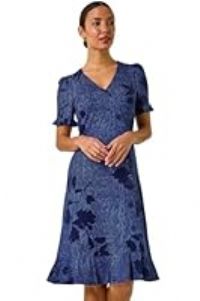 Roman Originals Tea Dress for Women UK Ladies Frill Hem Skater Wrap Jersey Stretchy Fit & Flare Flattering Knee Length Cocktail Party Occasion Holiday Going Out - Floral Navy - Size 10
