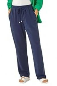 Roman Full Length Linen Trouser for Women UK - Ladies Spring Everyday Summer Holiday Elasticated Waist Comfy Drawstring Soft Relaxed Fit Bottoms Day Out Pants - Navy - Size 16