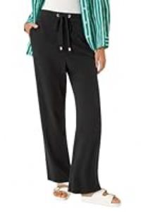 Roman Full Length Linen Trouser for Women UK - Ladies Spring Everyday Summer Holiday Elasticated Waist Comfy Drawstring Soft Relaxed Fit Bottoms Day Out Pants - Black - Size 16