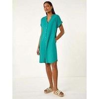 Roman Originals Linen Mix Shift Dress for Women UK - Ladies Everyday Holiday Spring Summer V-Neckline Comfy Soft Evening Vacation Work Party - Jade - Size 10