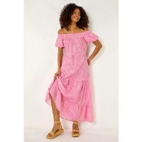 Dusk Gingham Bardot Tiered Maxi Dress 18 female