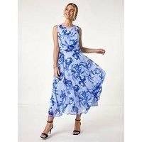 Roman Petite Blue Floral Print Midi Dress - Size 16 16 female