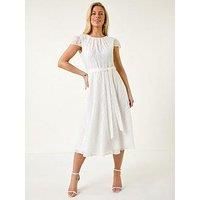 Roman Petite Roman Originals Petite Gathered Neck Jacquard Dress in White - Size 18 18 female