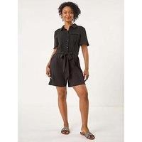 Roman Petite Button Front Tie Playsuit for Women UK - Ladies Everyday Holiday Spring Summer Shirt Style Collar Comfy Soft Evening Vacation Work Party - Petite Black - Size 14