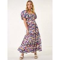 Dusk Abstract Puff Sleeve Tiered Dress 16 female