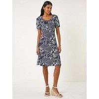 Roman Originals Women Gathered Chest Dress Ladies Stretchy Fit & Flare Swing Tea A Line Skater Empire Waist Ruched Knee Length Midi Smart Casual Work Going Out Party - Navy Blanc - Size 12