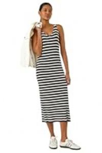Roman Originals Stripe Knitted Midi Dress for Women UK - Ladies Everyday Holiday Spring Summer V-Neckline Comfy Soft Evening Vacation Work Party - Black - Size 16