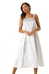Roman RIC Rac Trim Midi Dress for Women UK - Ladies Spring Everyday Summer Holiday Square Neckline Comfy Sleeveless Soft Smock Frock Office Business Gowns - White - Size 18