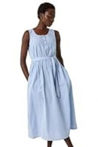 Roman Originals Pinstripe Belted Midi Dress for Women UK - Ladies Everyday Holiday Spring Summer Round Neckline Comfy Soft Evening Vacation Work Party - Light Blue - Size 16