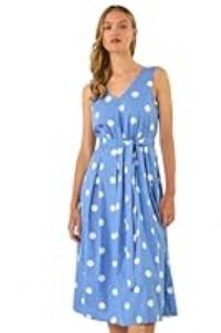 Roman Originals Spot Print Belted Midi Dress for Women UK - Ladies Everyday Holiday Spring Summer V-Neckline Comfy Soft Evening Vacation Work Party - Light Blue - Size 18
