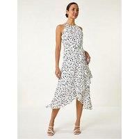 Roman Ivory Spot Stretch Frill Hem Halter Dress - Size 14 14 female