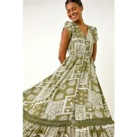 Roman Khaki Patchwork Lace Trim Maxi Dress - Size 14 14 female