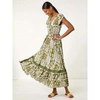 Roman Khaki Patchwork Lace Trim Maxi Dress - Size 16 16 female