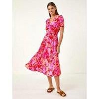 Roman Shadow Floral Print Shirred Midi Dress 20 female