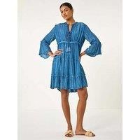 Roman Originals Smock Dress for Women UK Ladies Cotton Summer Embroidered Frilled Tiered Casual Beach Cruise Holiday Cocktail Party 3/4 Sleeve Pull On Gathered Skirt - Denim - Size 18