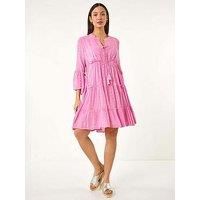 Roman Originals Smock Dress for Women UK Ladies Cotton Summer Embroidered Frilled Tiered Casual Beach Cruise Holiday Cocktail Party 3/4 Sleeve Pull On Gathered Skirt - Plain Light Pink - Size 12