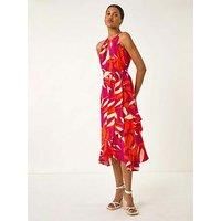 Roman Floral Print Frill Wrap Midi Dress - Cerise