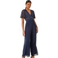 Roman Embellished Beaded V-Neck Jumpsuit 18 female