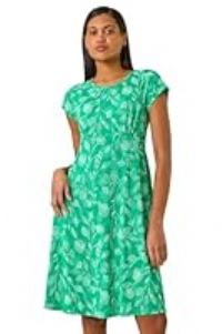 Roman Originals Women Gathered Chest Dress Ladies Stretchy Fit & Flare Swing Tea A Line Skater Empire Waist Ruched Knee Length Midi Smart Casual Work Going Out Party - Floral Green - Size 12