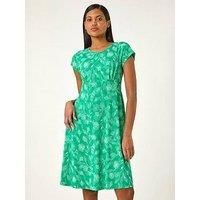 Roman Originals Women Gathered Chest Dress Ladies Stretchy Fit & Flare Swing Tea A Line Skater Empire Waist Ruched Knee Length Midi Smart Casual Work Going Out Party - Floral Green - Size 16