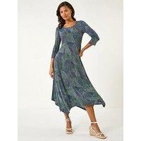 Roman Originals Hanky Hem Swing Dress with Pockets for Women UK Ladies Asymmetric Hemline Stretch Jersey 3/4 Sleeve Winter Smart Casual Work Office Knee Length Tunics - Navy Green - Size 10