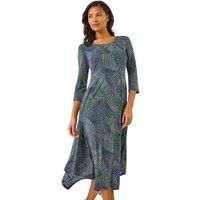Roman Originals Hanky Hem Swing Dress with Pockets for Women UK Ladies Asymmetric Hemline Stretch Jersey 3/4 Sleeve Winter Smart Casual Work Office Knee Length Tunics - Navy Green - Size 18