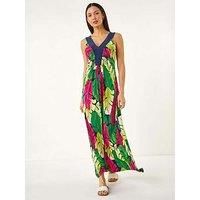 Roman Originals Women Floral Contrast Band Maxi Dress - Ladies Summer Holiday Evening Dinner Everyday Daywear Casual Stretch Jersey Sleeveless V Neck Floor Length Dress - Green - Size 14