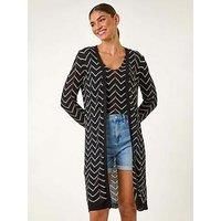 Roman Chevron Stripe Shimmer Longline Cardigan for Women UK - Ladies Spring Everyday Summer Holiday Long Sleeve Soft Lightweight Comfy Daywear Jumper Vacation Sweaters - Black - Size 10