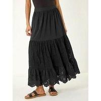 Roman Originals Gypsy Maxi Skirt for Women UK Ladies Tiered Bohemian Long Ankle Length Cotton Elasticated Waistband High Waist Monochrome Lounge Lightweight Holiday - Noir Broderie - Size 12