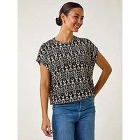 Roman Originals Snake Print Bubble Hem Top for Women UK - Ladies Spring Summer Blouson Round Neckline Comfy Soft Evening Vacation Work Party Night Out Everyday - Black Ikat - Size 20