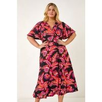 Roman Curve Leaf Print Wrap Midi Dress 20 female