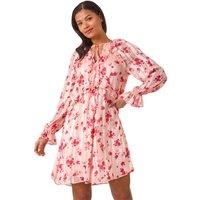 Roman Rose Print Ruffle V-Neck Smock Dress for Women UK - Ladies Spring Everyday Summer Holiday Long Sleeve Soft Knee Length Comfy Frill Detail Frock Dinner Date Gowns - Light Pink - Size 16