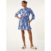 Roman Originals Floral Button Smock Dress for Women UK - Ladies Everyday Holiday Spring Summer Notch Neckline Comfy Soft Evening Vacation Work Party - Blue Tie Dye - Size 14