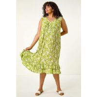 Roman Curve Palm Print Pleated V-Neck Dress 26-28 female