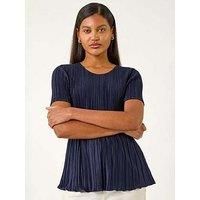 Roman Originals Floral Print Pleated Short Sleeve Top for Women UK - Ladies Everyday Autumn Winter Round Neckline Comfy Soft Evening Vacation Work Party Night Out - Navy - Size 14