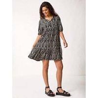 Roman Originals Smock Dress for Women UK Ladies Cotton Summer Embroidered Frilled Tiered Casual Beach Cruise Holiday Cocktail Party 3/4 Sleeve Pull On Gathered Skirt - Aztec Noir - Size 16