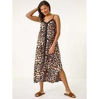 Roman Originals Animal Print Strappy Maxi Dress for Women UK - Ladies Everyday Holiday Spring Summer Sweetheart Neckline Comfy Soft Evening Vacation Work Party - Beige - Size 10