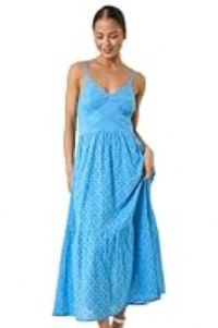 Roman Petite Broderie Strappy Maxi Dress for Women UK - Ladies Everyday Holiday Spring Summer V-Neckline Comfy Soft Evening Vacation Work Party - Petite Light Blue - Size 12