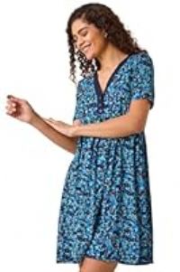 Roman Originals Floral Print Contrast Band Dress for Women UK - Ladies Everyday Holiday Spring Summer V-Neckline Comfy Soft Evening Vacation Work Party - Navy - Size 10