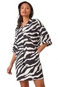 Roman Originals Zebra Print Shirt Dress for Women UK - Ladies Everyday Holiday Spring Summer Comfy Soft Evening Vacation Work Party - Black - Size 16