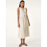 Roman Pinstripe Bow Detail Midi Dress - Beige