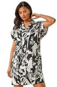 Roman Originals Leaf Print Cocoon Shift Dress for Women UK - Ladies Everyday Holiday Spring Summer Collar V-Neckline Comfy Soft Evening Vacation Work Party - Black - Size 10