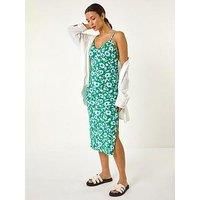 Roman Plain Stretch Jersey Pocket Midi Dress for Women UK - Ladies Spring Everyday Summer Holiday V-Neckline Comfy Sleeveless Soft Frock Vacation Gowns - Floral Green - Size 14
