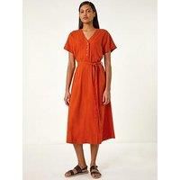Roman Originals Swing Tea Dress Women UK Ladies Skater Midi A Line Fit & Flare Summer Casual Smart Spring Cocktail Party Going Out Work Cruise Button Through Long Pocket - Orange Linen - Size 10